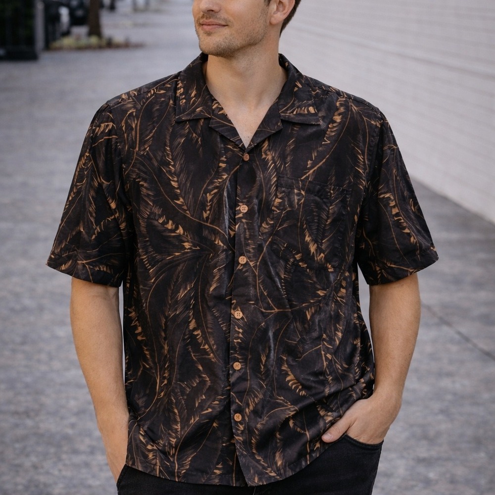 Caribbean XL Black Tan Leaf Print Silk Cotton Short Sleeve Button Shirt